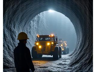 Mineros trabajando en un túnel con equipos de seguridad y sensores.