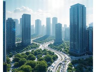 Ciudad moderna con infraestructuras inteligentes y sensores de monitoreo.