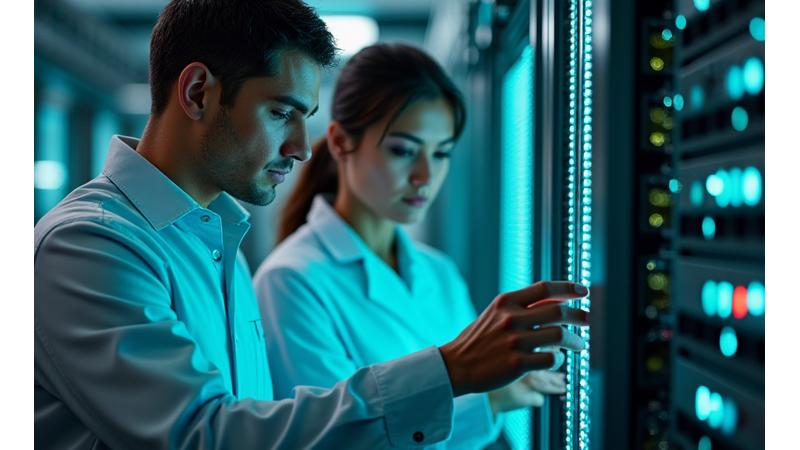 Técnicos realizando pruebas en equipos de telecomunicaciones 5G.