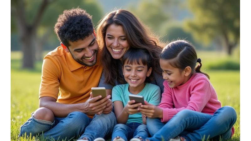 Familia chilena utilizando dispositivos móviles en un entorno rural conectado.