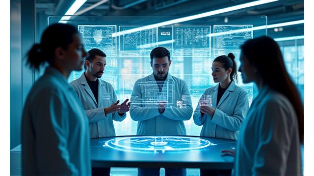 Grupo de innovadores trabajando en un laboratorio de alta tecnología, simbolizando liderazgo futuro.