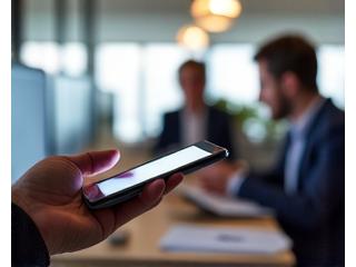 Oficina moderna con personas colaborando y dispositivos conectados, simbolizando conectividad corporativa.