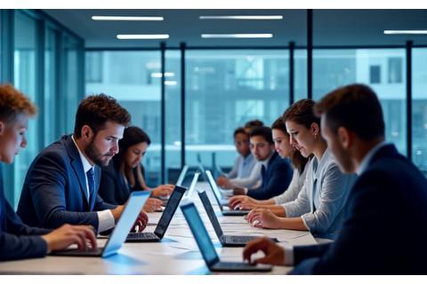 Oficina moderna con personas colaborando y dispositivos conectados, simbolizando conectividad corporativa.