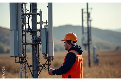 Ingeniero de telecomunicaciones trabajando con equipos en un entorno rural o industrial, representando proyectos especiales.