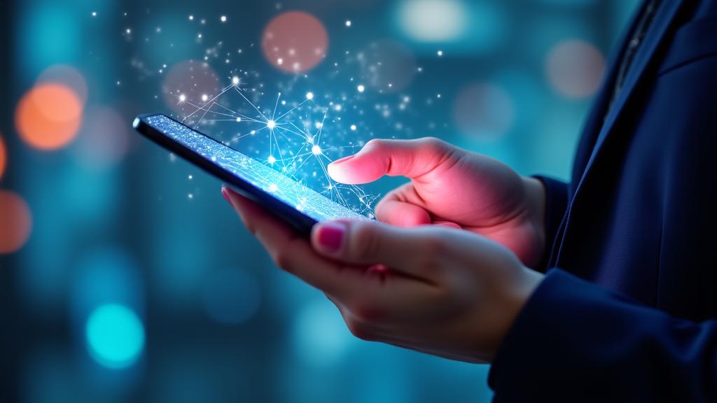 Persona usando un teléfono móvil conectada a una red 5G con un fondo abstracto de elementos tecnológicos y conectividad chilena.